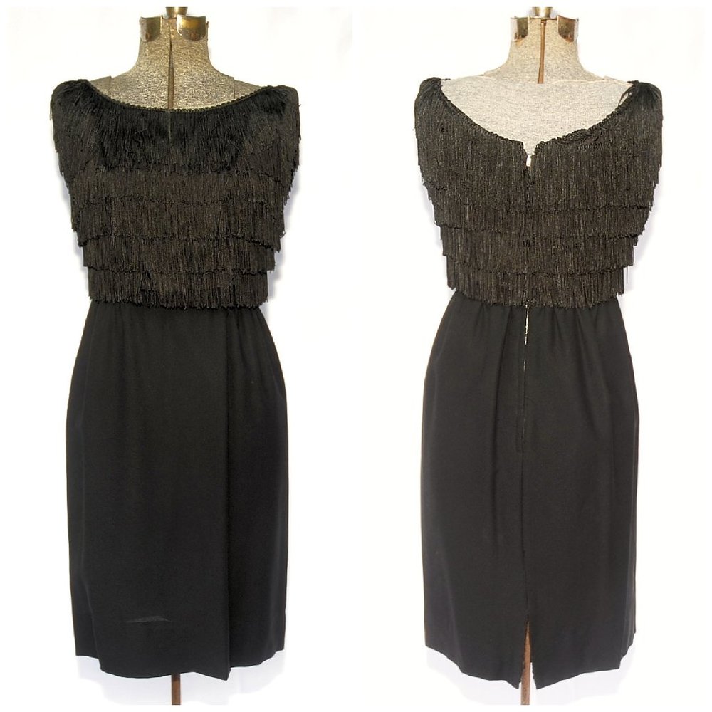 VTG 50's Sexy Black Crepe & Fringe Sleeveless Sheath Dress Party Cocktail XS/S